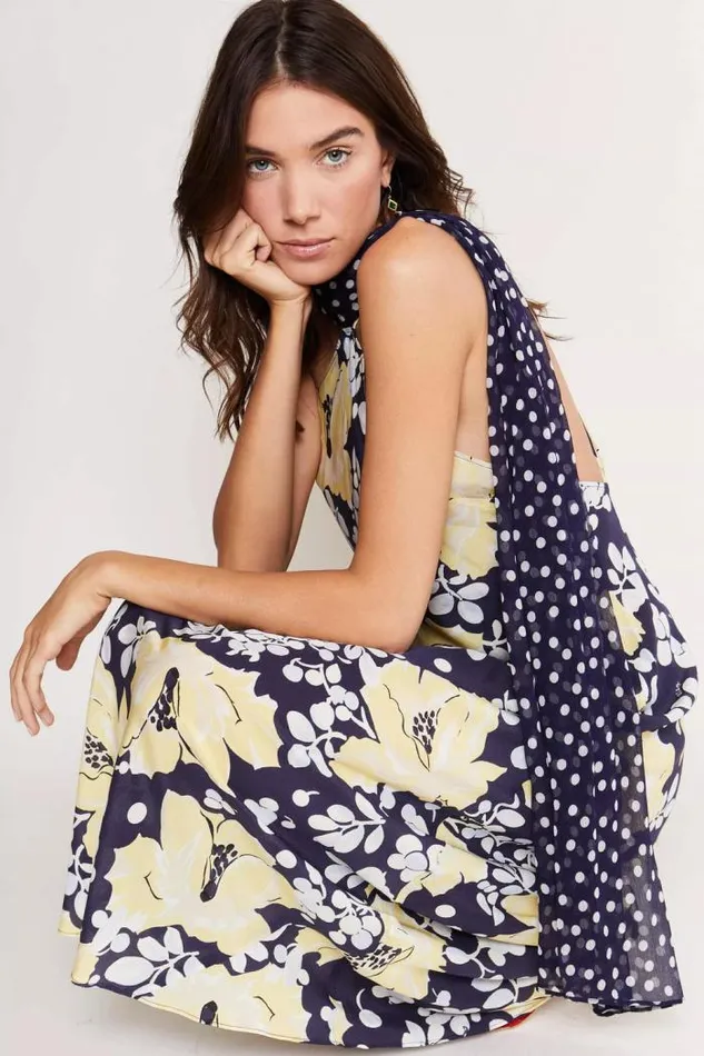 Rixo Dresses Women Hayley Silk Midi Dress Umbrella Floral Navy Mix
