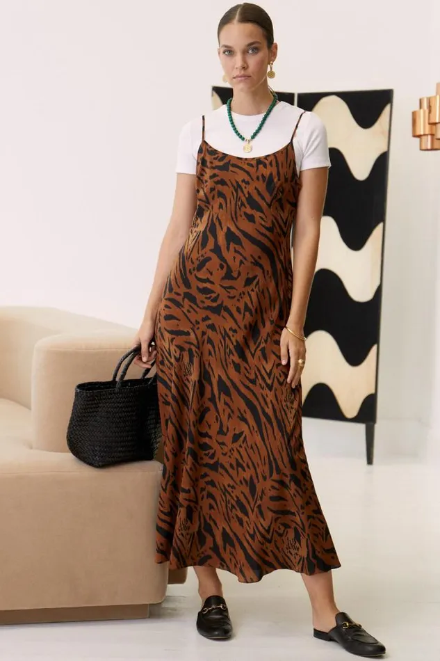 Rixo Dresses Women Holly Silk Slip Dress Tiger Stripe