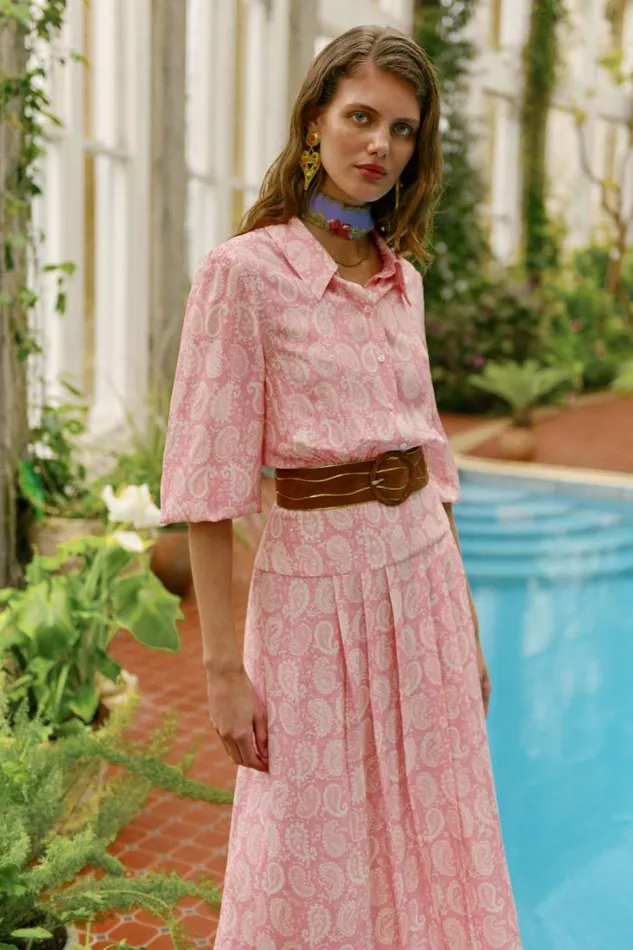 Rixo Dresses Women Izzy Paisley Shirt Dress Paisley Stamp Pink