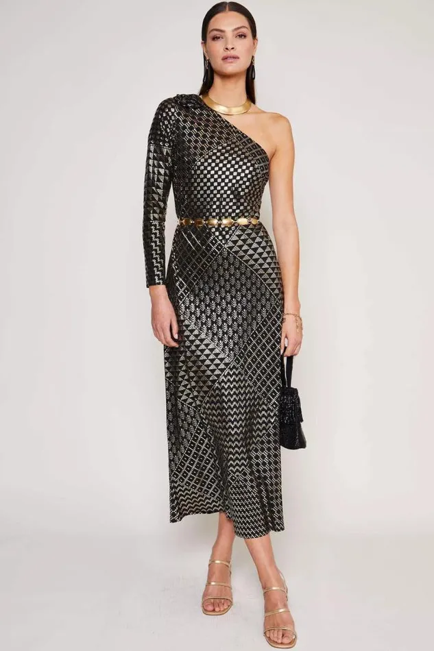 Rixo Dresses Women Jenny Silk Midi Dress Cleo Patchwork Black