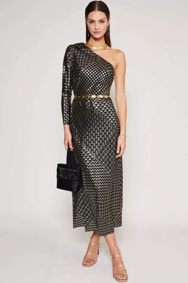 Rixo Dresses Women Jenny Silk Midi Dress Cleo Patchwork Black