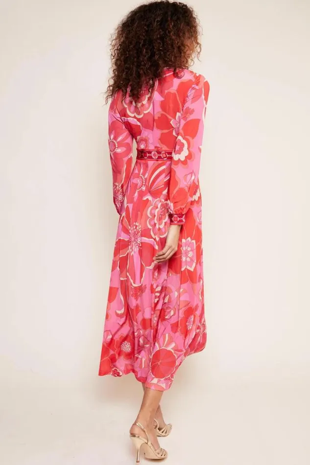 Rixo Dresses Women Kerani Jersey Midi Dress Miami Floral Cerise