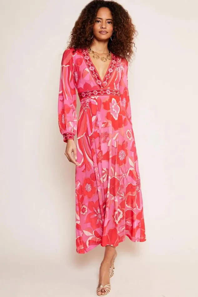 Rixo Dresses Women Kerani Jersey Midi Dress Miami Floral Cerise