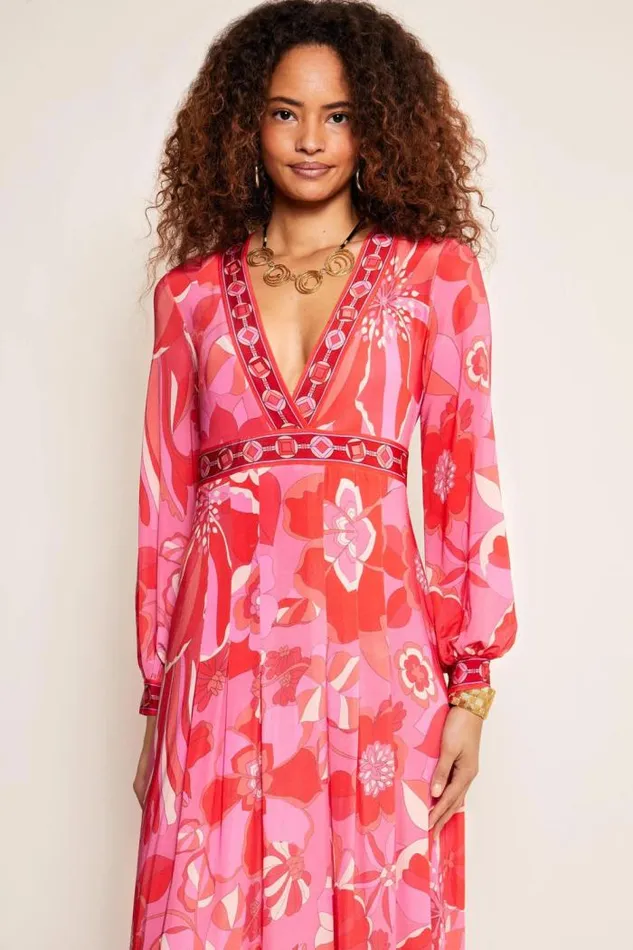 Rixo Dresses Women Kerani Jersey Midi Dress Miami Floral Cerise