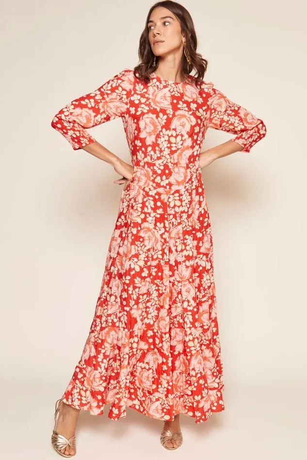 Rixo Dresses Women Kristen Midi Dress Umbrella Floral Coral
