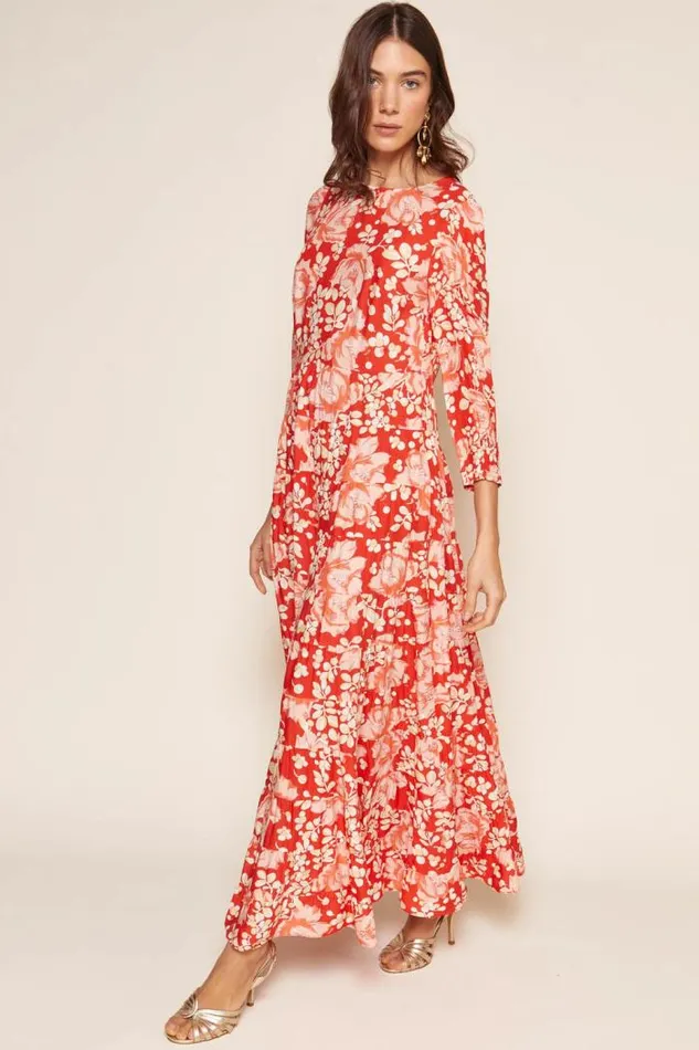 Rixo Dresses Women Kristen Midi Dress Umbrella Floral Coral