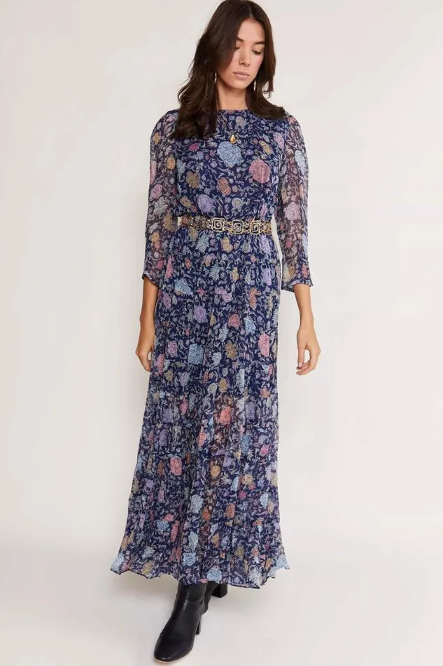 Rixo Dresses Women Kristen Tiered Midi Dress Camellia Garden Navy
