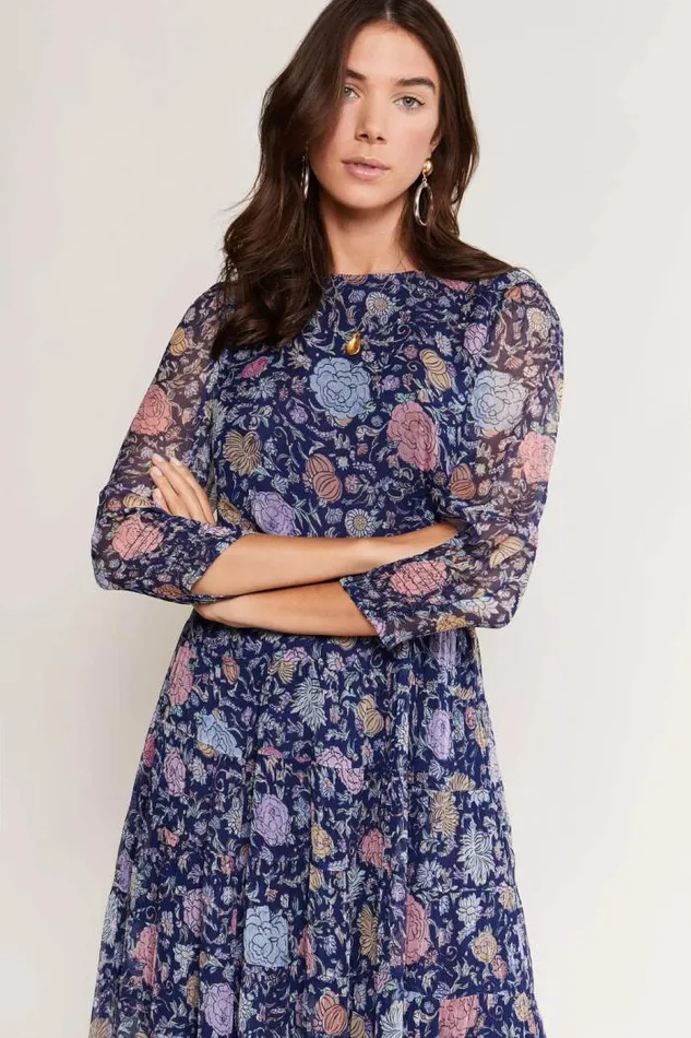Rixo Dresses Women Kristen Tiered Midi Dress Camellia Garden Navy