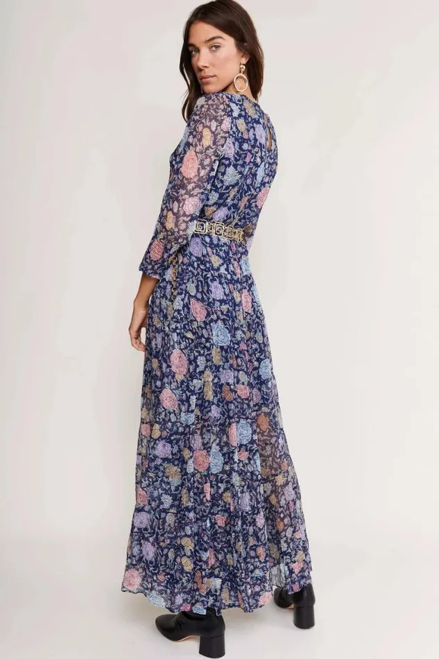 Rixo Dresses Women Kristen Tiered Midi Dress Camellia Garden Navy