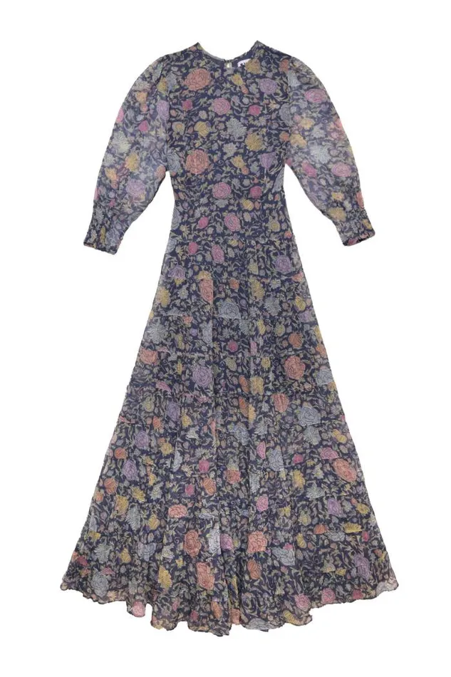 Rixo Dresses Women Kristen Tiered Midi Dress Camellia Garden Navy