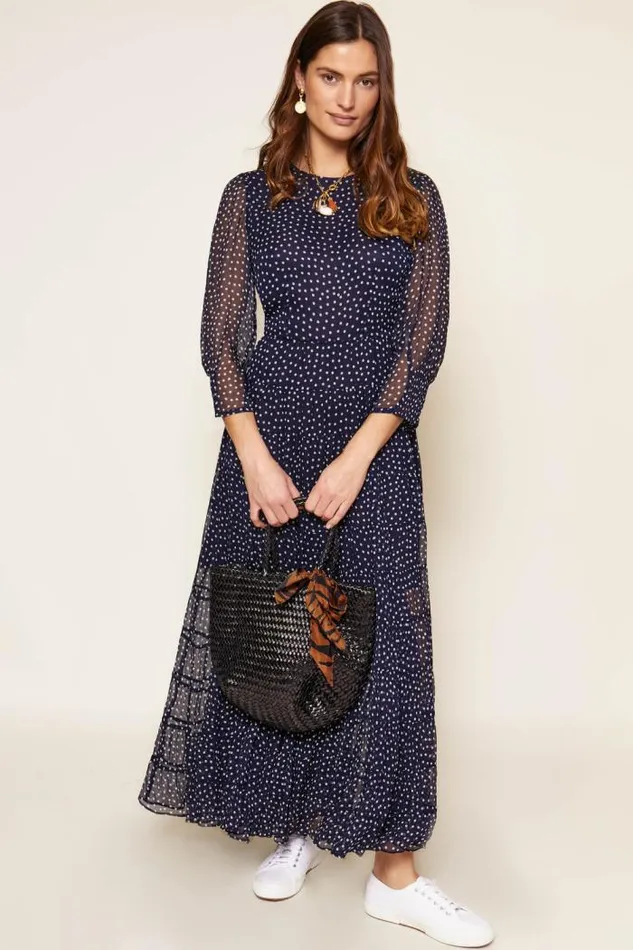 Rixo Dresses Women Kristen Tiered Midi Dress Polka Dot Navy