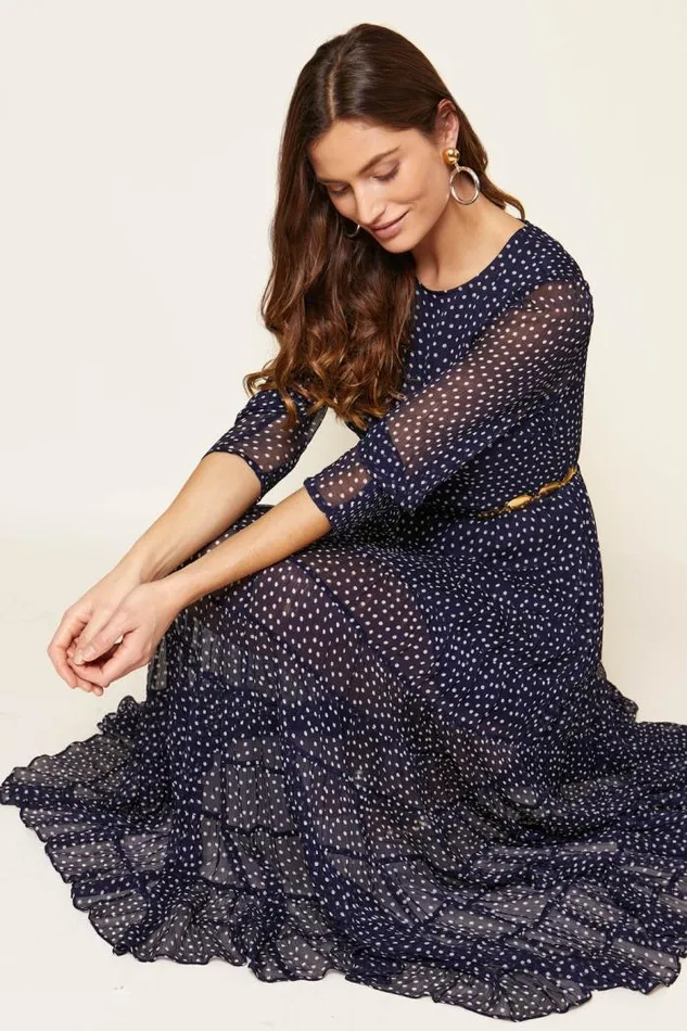 Rixo Dresses Women Kristen Tiered Midi Dress Polka Dot Navy
