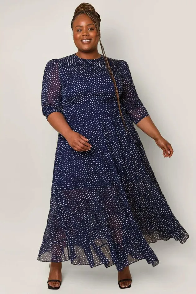 Rixo Dresses Women Kristen Tiered Midi Dress Polka Dot Navy