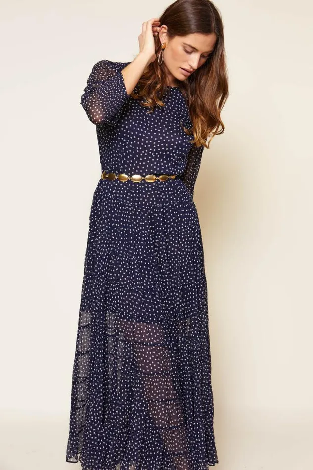 Rixo Dresses Women Kristen Tiered Midi Dress Polka Dot Navy