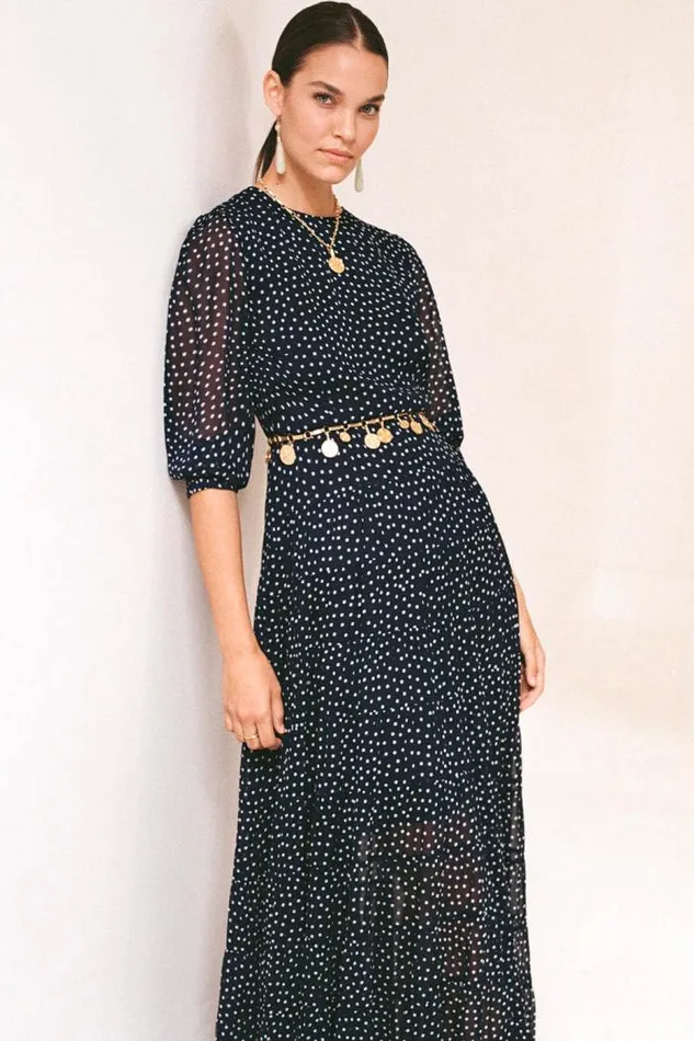 Rixo Dresses Women Kristen Tiered Midi Dress Polka Dot Navy