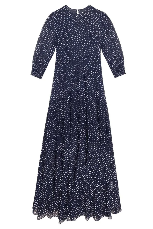 Rixo Dresses Women Kristen Tiered Midi Dress Polka Dot Navy