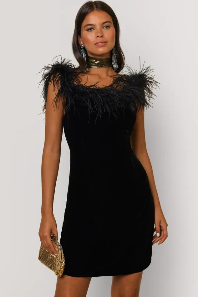 Rixo Dresses Women Lena Feathered Mini Dress Black