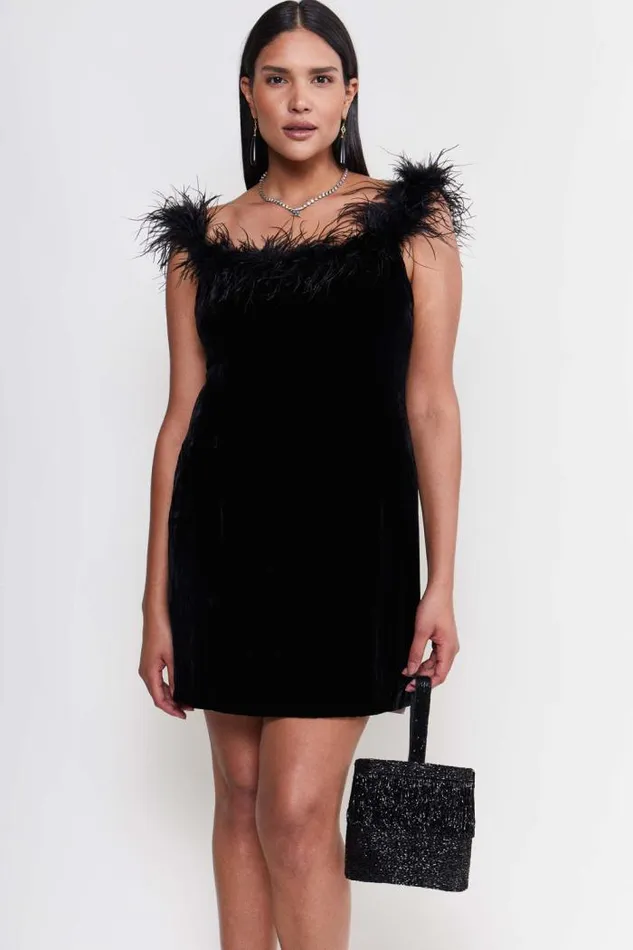 Rixo Dresses Women Lena Feathered Mini Dress Black