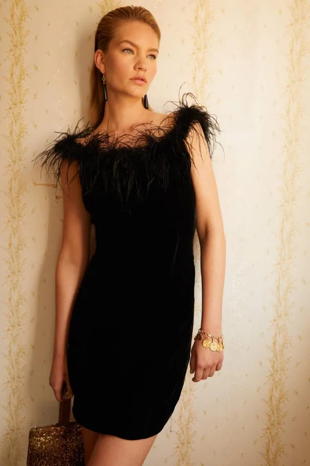 Rixo Dresses Women Lena Feathered Mini Dress Black