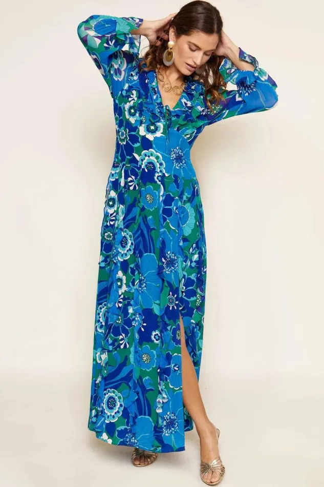 Rixo Dresses Women Linnett Ruffled Silk Gown Miami Floral Emerald