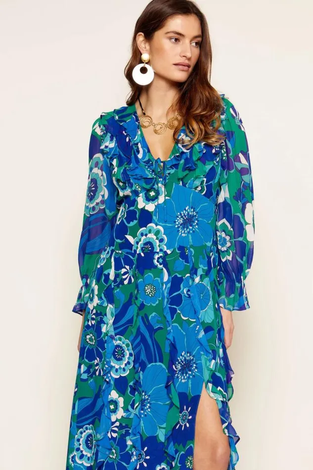 Rixo Dresses Women Linnett Ruffled Silk Gown Miami Floral Emerald