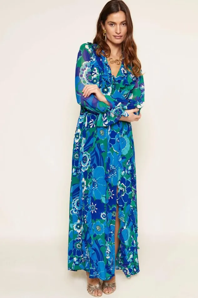 Rixo Dresses Women Linnett Ruffled Silk Gown Miami Floral Emerald