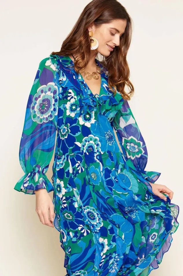 Rixo Dresses Women Linnett Ruffled Silk Gown Miami Floral Emerald