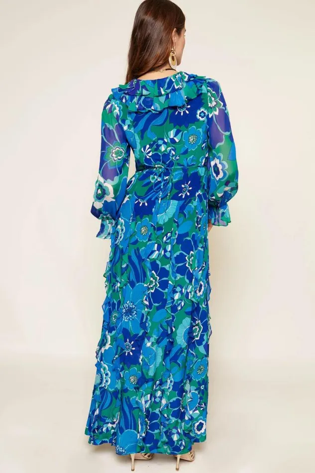 Rixo Dresses Women Linnett Ruffled Silk Gown Miami Floral Emerald