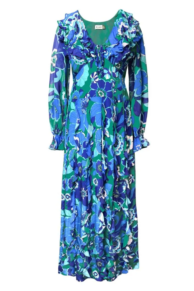 Rixo Dresses Women Linnett Ruffled Silk Gown Miami Floral Emerald
