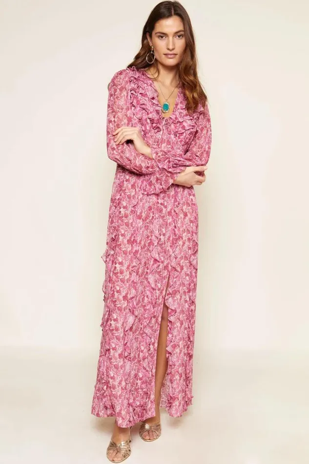 Rixo Dresses Women Linnett Ruffled Silk Gown Shell Magenta
