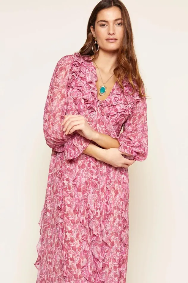 Rixo Dresses Women Linnett Ruffled Silk Gown Shell Magenta