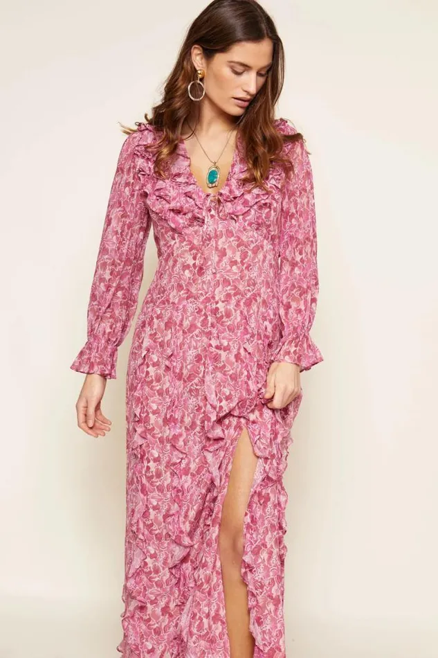 Rixo Dresses Women Linnett Ruffled Silk Gown Shell Magenta