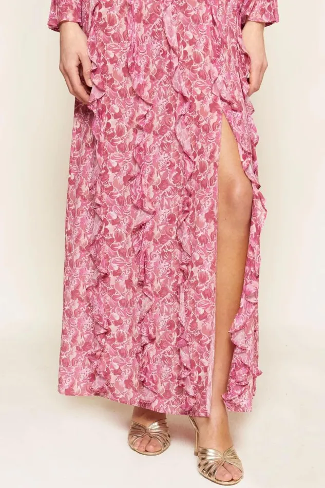 Rixo Dresses Women Linnett Ruffled Silk Gown Shell Magenta