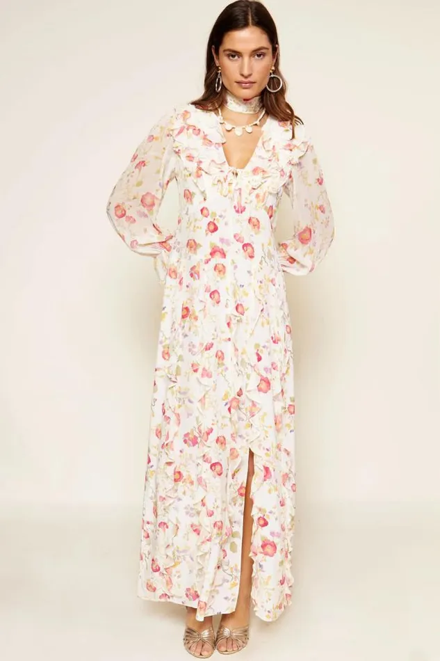 Rixo Dresses Women Linnett Ruffled Silk Gown Waterblossom Ivory