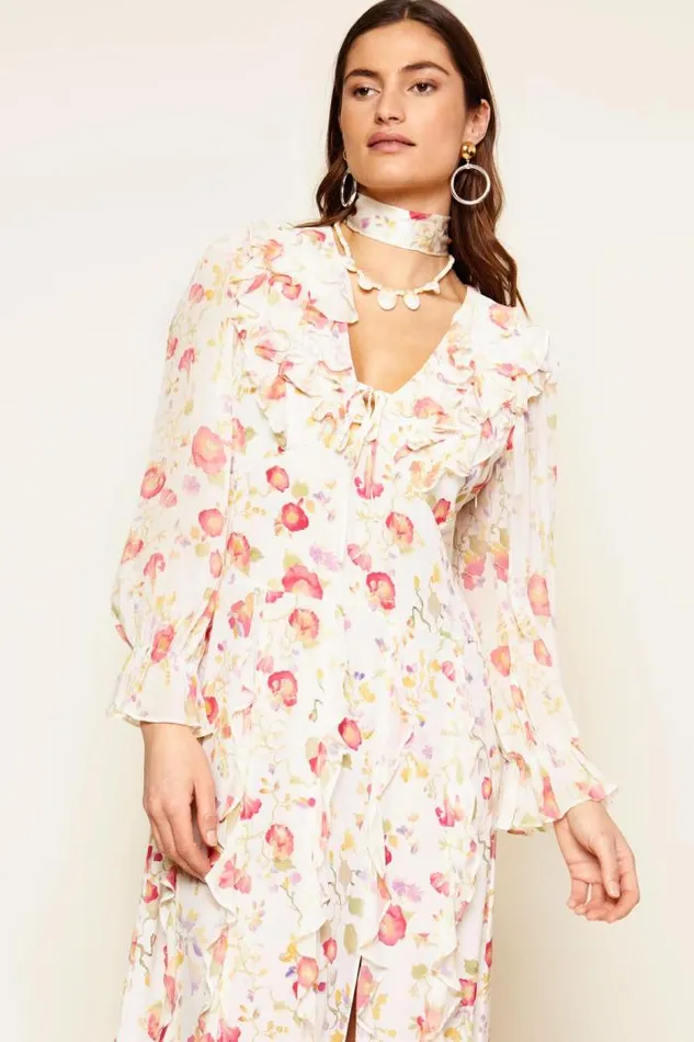 Rixo Dresses Women Linnett Ruffled Silk Gown Waterblossom Ivory