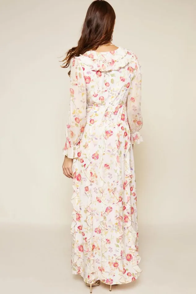 Rixo Dresses Women Linnett Ruffled Silk Gown Waterblossom Ivory