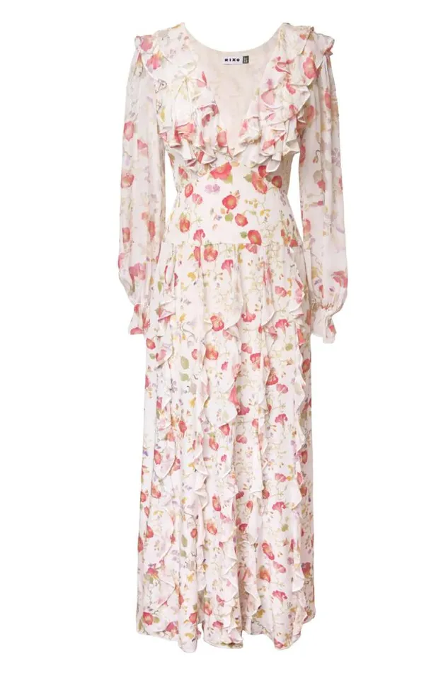 Rixo Dresses Women Linnett Ruffled Silk Gown Waterblossom Ivory