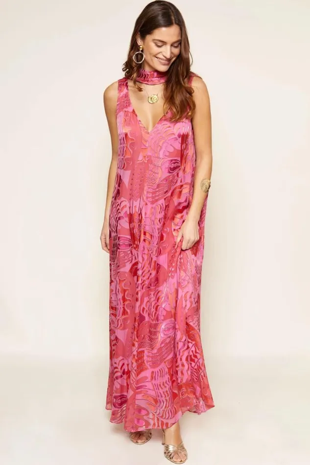 Rixo Dresses Women Loreena Satin Devor Gown Butterfly Devore Pink