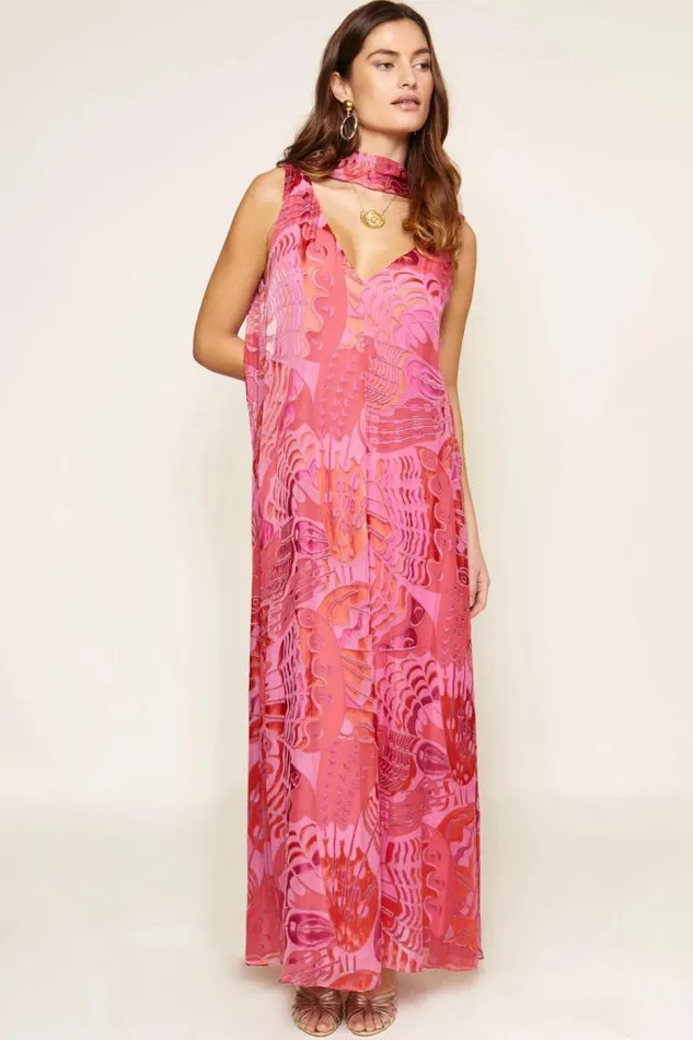Rixo Dresses Women Loreena Satin Devor Gown Butterfly Devore Pink