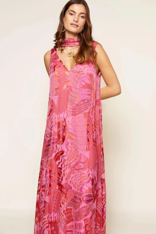 Rixo Dresses Women Loreena Satin Devor Gown Butterfly Devore Pink