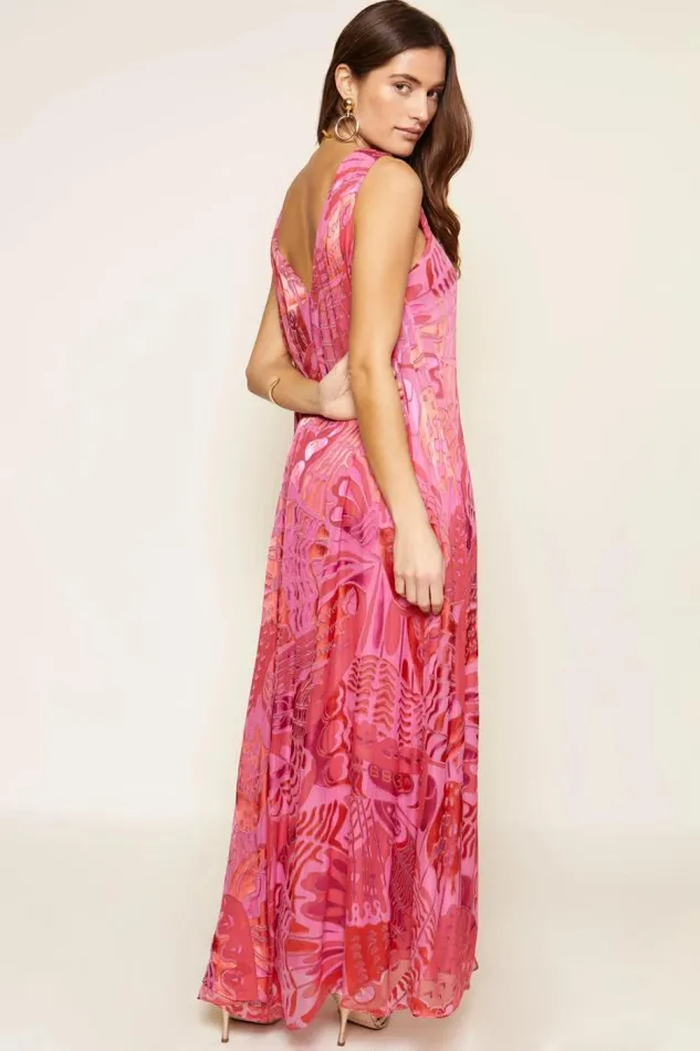 Rixo Dresses Women Loreena Satin Devor Gown Butterfly Devore Pink