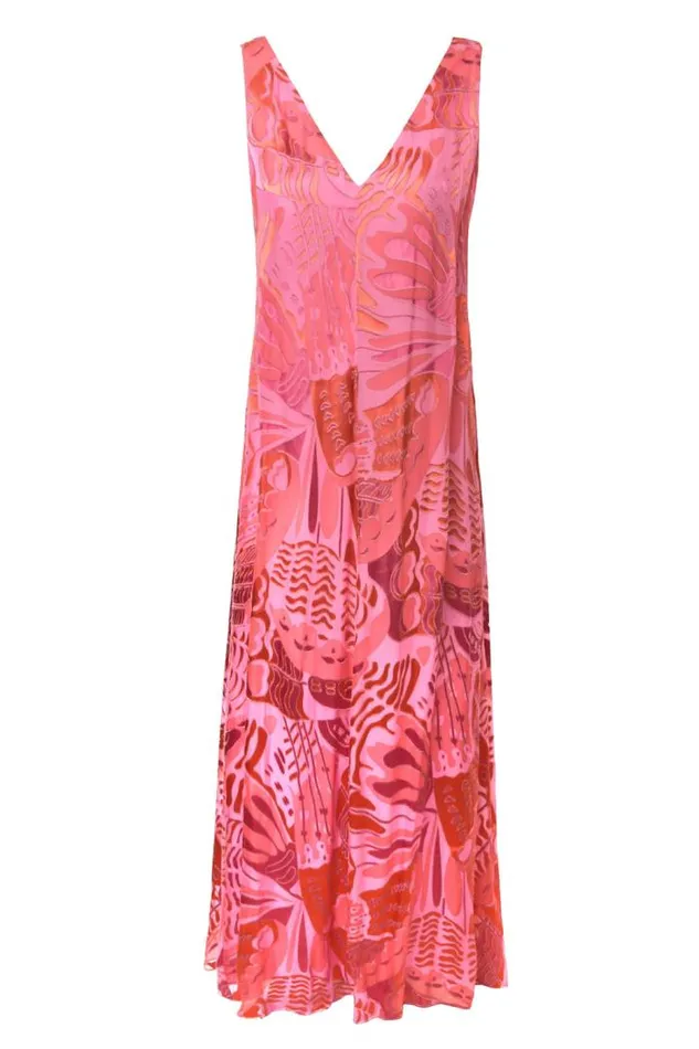 Rixo Dresses Women Loreena Satin Devor Gown Butterfly Devore Pink