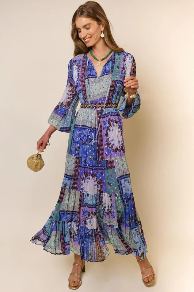 Rixo Dresses Women Lori Metallic Midi Dress Burgundy Blue Boho Scarf