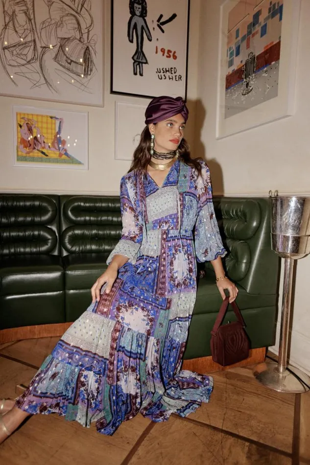 Rixo Dresses Women Lori Metallic Midi Dress Burgundy Blue Boho Scarf