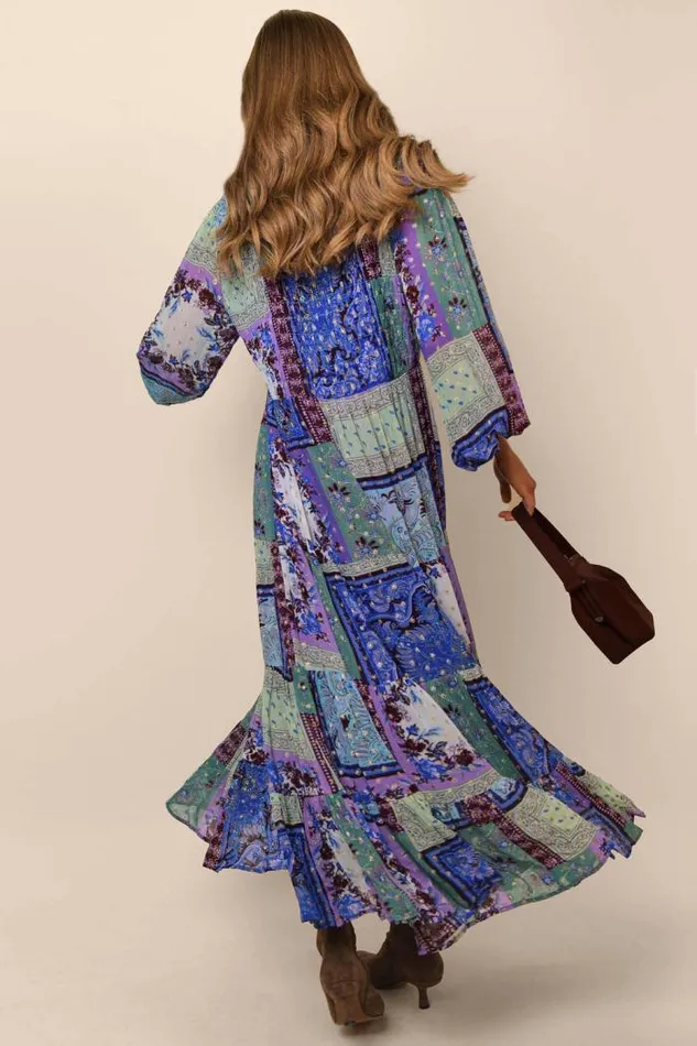 Rixo Dresses Women Lori Metallic Midi Dress Burgundy Blue Boho Scarf