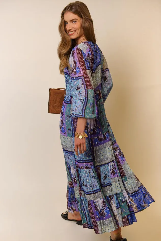 Rixo Dresses Women Lori Metallic Midi Dress Burgundy Blue Boho Scarf