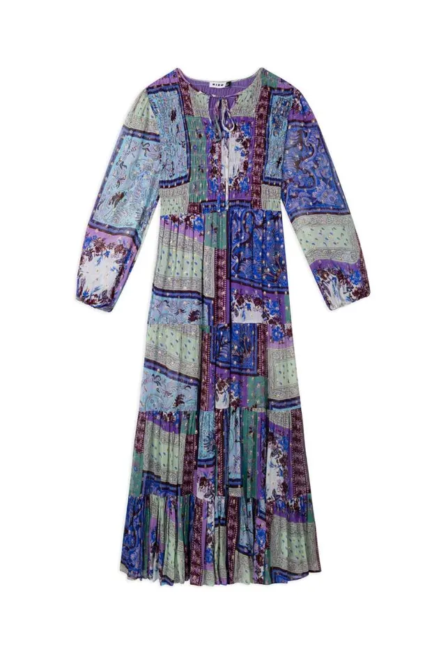 Rixo Dresses Women Lori Metallic Midi Dress Burgundy Blue Boho Scarf