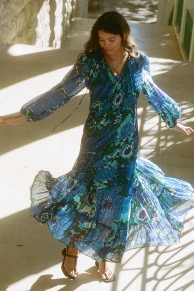 Rixo Dresses Women Lori Metallic Midi Dress Miami Floral Emerald