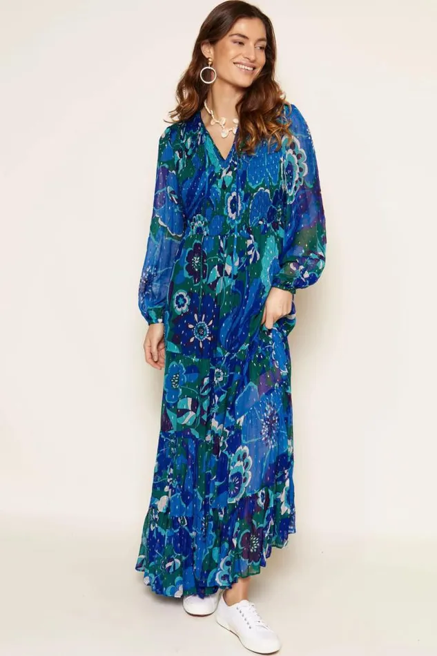 Rixo Dresses Women Lori Metallic Midi Dress Miami Floral Emerald