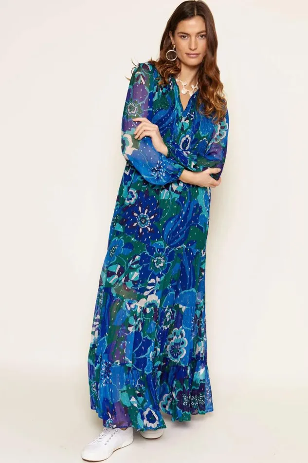 Rixo Dresses Women Lori Metallic Midi Dress Miami Floral Emerald